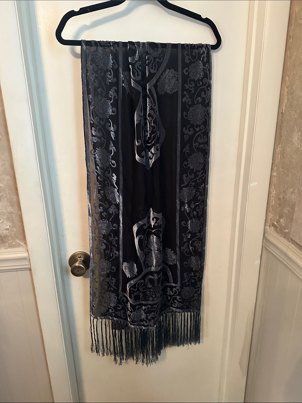Elegant Black & Silver Silk & Velvet Fringed Scarf or Throw
